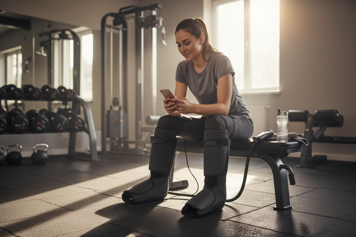 Atleta en gimnasio con botas de compresión