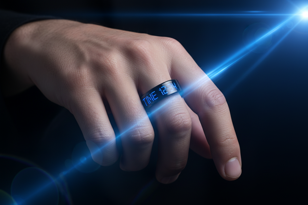 Smart ring en dedo masculino fondo oscuro