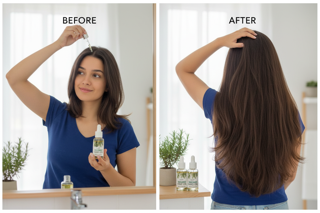 Mujer con cabello largo y sano usando aceite de romero